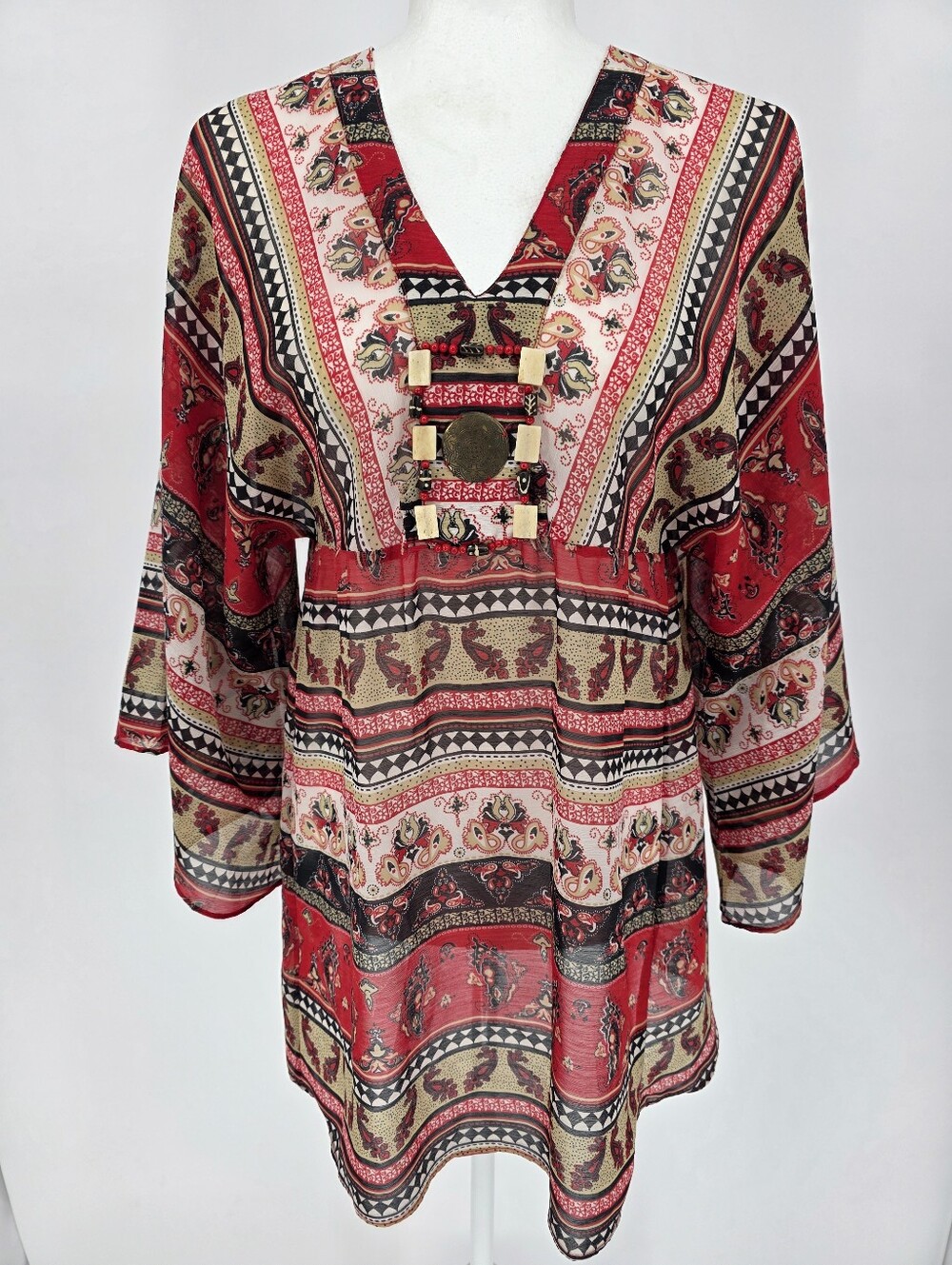 Victor by Victor Costa Boho Paisley Tunic Top Red Embellished V Neck Size Small